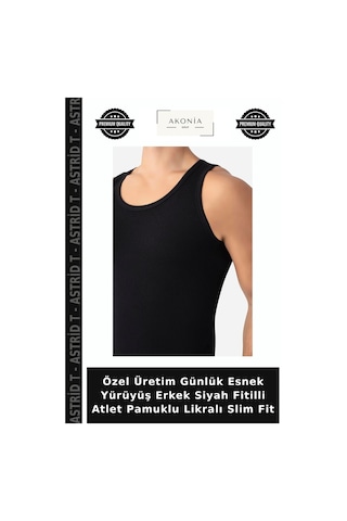 Astrid T Özel Üretim Günlük Esnek Yürüyüş Erkek Siyah Fitilli Atlet Pamuklu Likralı Slim Fit