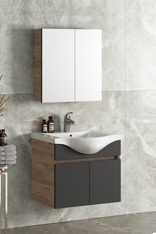 55 Cm Yıldız Dıştan Aynalı Banyo Dolabı Takımı Seramik Lavabolu Ü Antrasit - Atlantik Çam