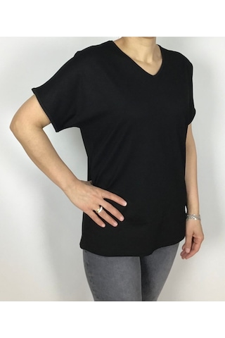 Kısa Kol V Yaka Likralı Düz Penye Bluz siyah