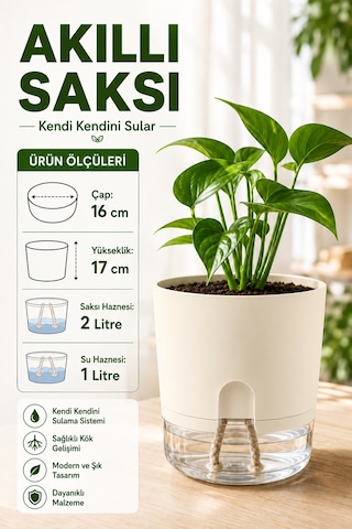 Akıllı Saksı Kendinden Sulamalı Fitilli Modern Dekoratif Saksı 2 Litre 76506094