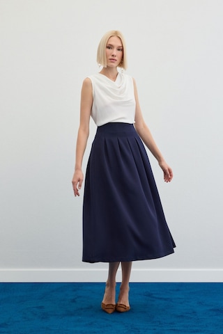 Sateen Pileli Midi Etek - Lacivert-136480 Lacivert