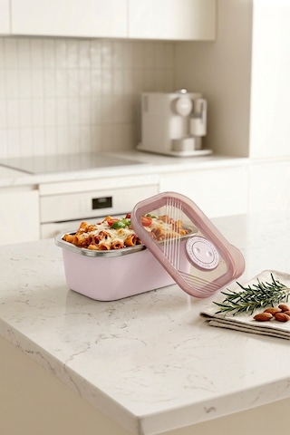 Stainless Paslanmaz Çelik Vakumlu Saklama Kabı,fırın Ve Kek Kabı Kahvaltılık 300 Ml Pembe