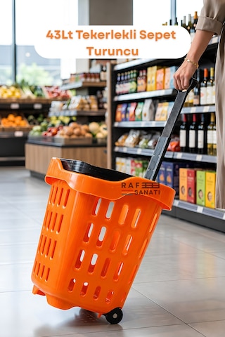 43 Lt Tekerlekli Market Sepeti Plastik Alışveriş Sepeti Ergonomik Çift Saplı Turuncu