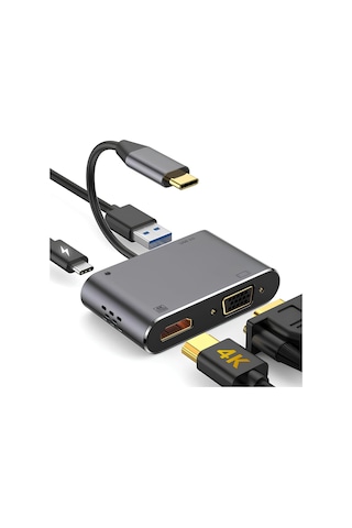 Speeduf Type-c 4 In 1 4k Hdmı Vga Usb 3.0 Type-c Şarj Girişli
