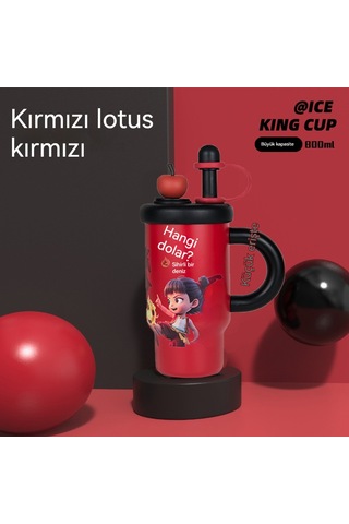 Aurora Nezha Sevimli Termos Bardağısu Bardağı Büyük Kapasiteli Öğrenci Kırmızı