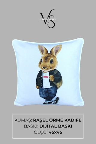 Kırlent Kılıfı Tavşan Desenli 45x45 Raşel Örme Kadife Çift Taraflı Dijital Baskı Beyaz Biyeli 03 Beyaz