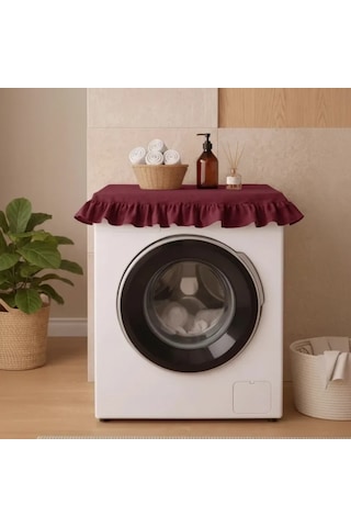 Fırfırlı Çamaşır Makinesi Örtüsü - Çeyizlik Dekoratif Banyo Makine Kılıfı- Bordo