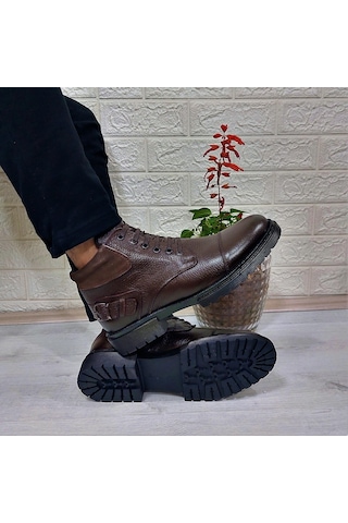 M.p 4201 Kahve Hakiki Deri Bağacaklı Fermuarlı Fuspetli Erkek Bot 001