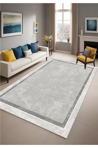 Gri Dijital Baskı Salon Halısı Kaymaz Tabanlı Yıkanabilir Halı Yolluk2 Gri
