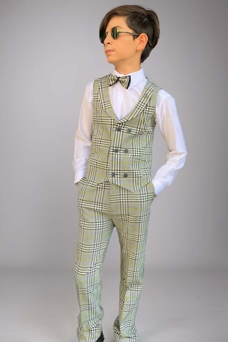 Riccotarz Erkek Çocuk Kare Desen Ve Şal Yaka Yelekli Yeşil Takım Elbise Yeşil