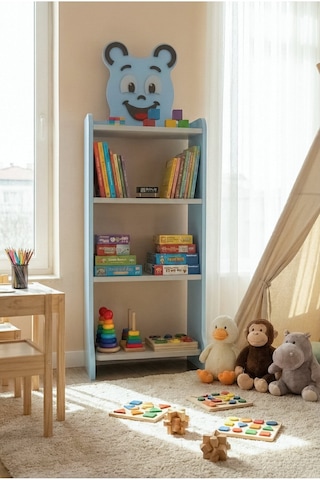 Reyo Falez Çocuk Kitaplık Happy Face 4 Raflı, Sevimli Figürlü Düzenleyici Raf Sistemi - 8026 Mavi