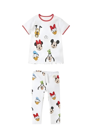 Kız Çocuk Disney 100. Yıl Baskılı Pamuklu Bisiklet Yaka Fitilli Kumaş T-shirt Ve Tayt Alt Üst Takım Beyaz