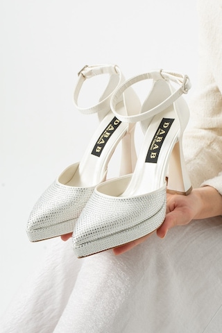 Dabab Shoes Serenya Kadın Sivri Burun 11 Cm Platform Topuklu Taşlı Bilekten Bantlı Abiye Ayakkabı Ekru