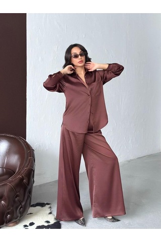 Ckm Moda Lune Yüksek Bel Bol Paça Saten Pantolon Kahve