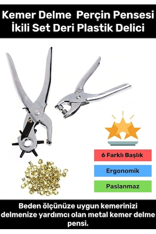 Premium 6 Farklı Başlık Uçlu Pratik Delgeç Kemer Delme Perçin Pensesi İkili Set Deri Plastik Delici