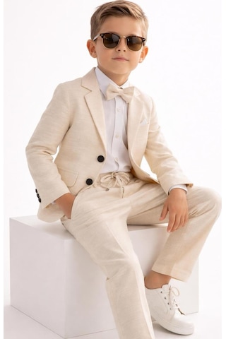 Baby Kids Colors Erkek Çocuk Flamlı Keten Salaş Ceketli Takım Elbise / Gömlek Pantolon Ceket Papyon Keten Takım Bej