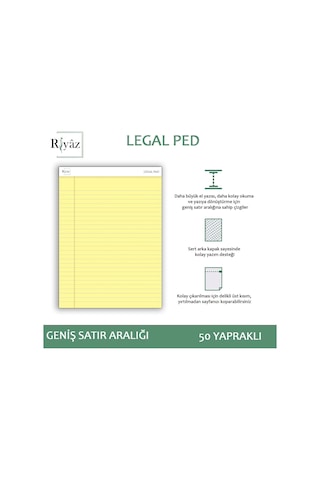 Letter Boyut 216 X 297mm , Sarı Renkli Legal Pad, Notluk, Notepad, Defter, 50 Yaprak, Geniş Satır Aralığı, Okul, Çok Renkli