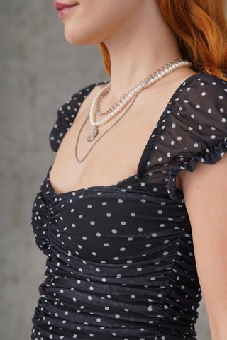 Defymoda Puantiyeli Belden Oturtmalı Tül Siyah Bluz Siyah