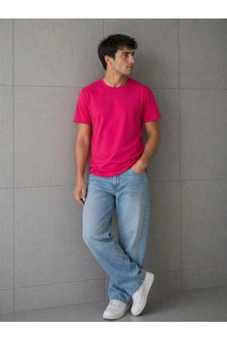Freedom Storee Erkek Basic Pamuklu Tişört Bisiklet Yaka Düz Renk Regular Fit T-shirt - Fuşya Çok Renkli