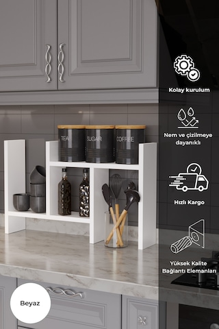 Lidya Çok Amaçlı Raf Mutfak Tezgah Üstü Organizer Banyo Mutfak Düzenleyici Beyaz Beyaz