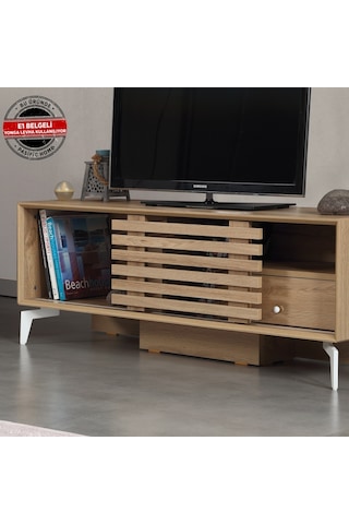 Lulu Metal Ayaklı Tv Ünitesi 125Cm / Sürgülü Kapaklı Tv Sehpası