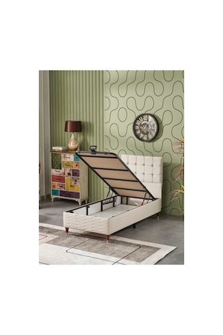 Beehanem Bengü Konforlu Başlık + Baza + Yatak Seti 90x190 Tek Kişilik Krem Sandıklı Premium 3'lü 90 x 190