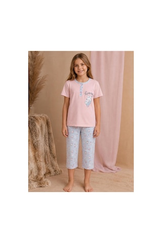 Pijamask Kız Çocuk Baskılı Pamuklu Kısa Kollu Yazlık Pijama Takımı Mavi