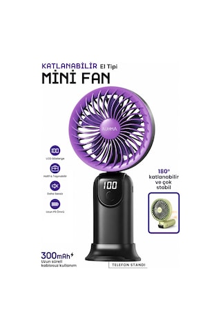 Exenar - Siyah - Şarjlı El Fanı 5 Kademeli Telefon Standlı Mini Vantilatör 300mah 180 Katlanabilir El Tipi Fan
