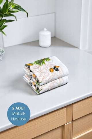 2li Paket Baskılı Beyaz Mutfak Havlusu Modeli Zeytin