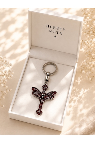 Kırmızı Kelebek Detaylı Gotik Haç Anahtarlık Unisex Vintage Stil Çanta Aksesuarı