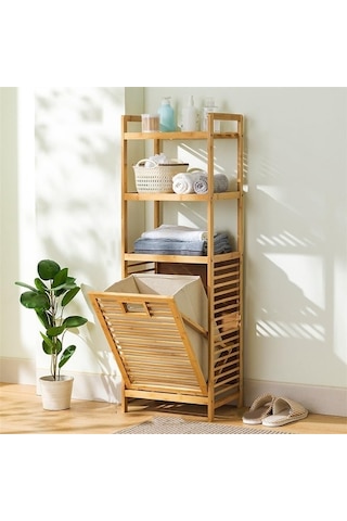 3 Organizer Raflı Ahşap Bambu Çek-aç Kirli Sepeti Diğer