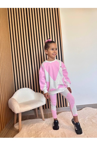 Kız Çocuk Slogan Yazı Detaylı Sweatshirt + Tayt Alt Üst Takım Kalp