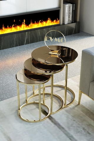 Deepport Liv Aks 3'lü Gold Zigon Sehpa Bronz Aynalı Altın
