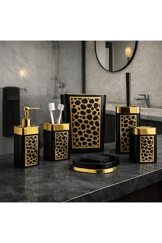 Arvale Pleksi Gold Detaylı 5 Li Banyo Aksesuar Seti Siyah