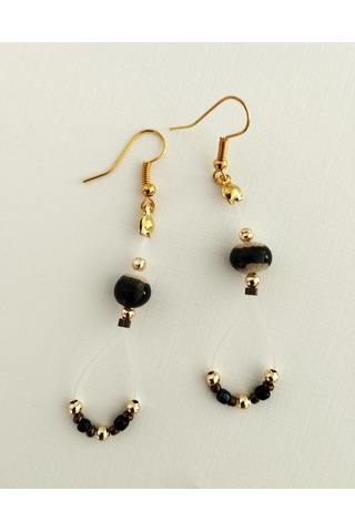 K205 Zarif Sallantılı Küpe Siyah&altın Sarısı Altın - Siyah