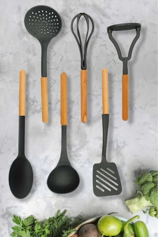 Tbyshop 6'lı Ahşap Saplı Plastik Kepçe Kevgir Kaşık Spatula Ezici