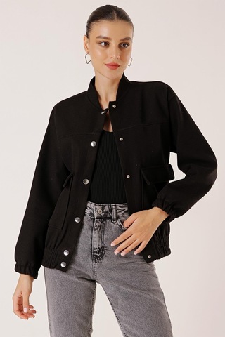 Beli Lastikli Torba Cepli Kaşe Bomber Mont-35004-Siyah
