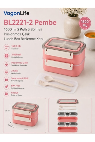 Vagonlife Bl2221-2 Pembe 1600 Ml 2 Katlı 3 Bölmeli Paslanmaz Çelik Lunch Box Beslenme Kabı Çok Renkli