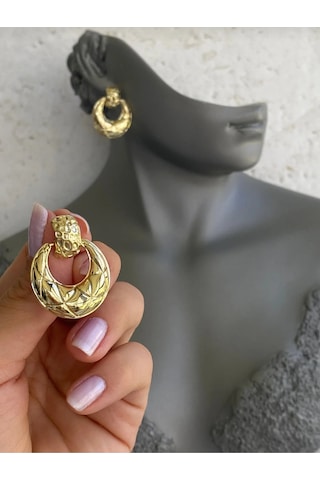 Kabartma Desenli Gold Renk Küpe Altın