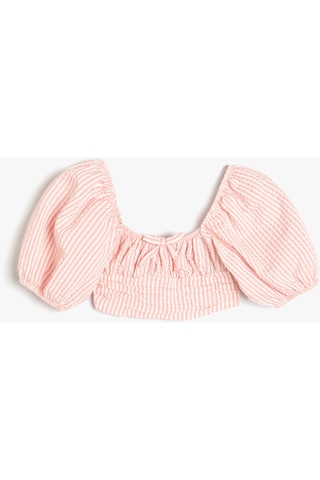 Koton Crop Bluz Balon Kollu Büzgü Detaylı Pınk Strıpe 4skg60161aw Pembe