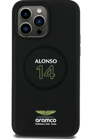 Apple Uyumlu iPhone 14 Pro Max Kılıf Aston Martin Lisanslı Magsafe Pu Deri Alonso 14 Baskılı Kapak Siyah