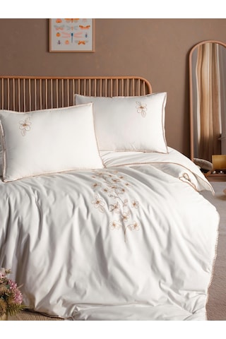 Uçkan Home %100 Pamuk Luxury Series Nakışlı Çift Kişilik Nevresim Seti---uh-00099 Ekru