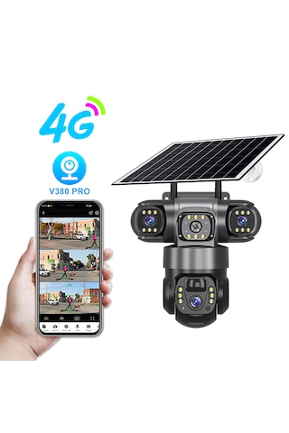 9mp Üçlü Lens, Güneş Enerjili Ptz Güvenlik Kamerası. Sım Kart İle Her Yerden 7/24 İzleme, İki Yönlü Ses Ve Gece Görüşü.