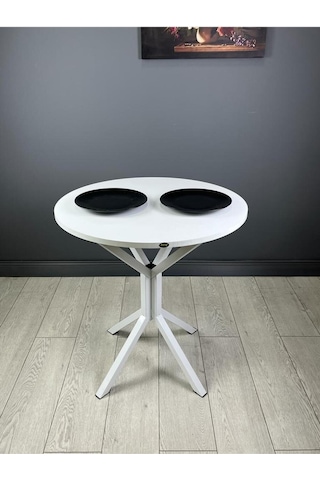 Nisa Beyaz Yuvarlak Mutfak Masası Yemek Masası Balkon Masası Metal Beyaz Ayak 70 Cm