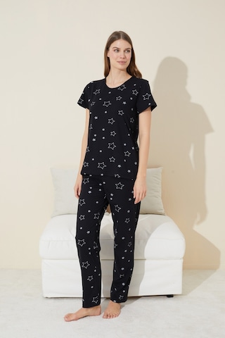 Siyah İnci Siyah Yıldız Desenli Kısa Kollu Pamuklu Pijama Takımı Siyah Yıldız Desen