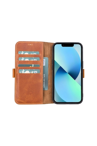 Apple Uyumlu iPhone 13 Deri Cüzdanlı Kılıf Antik Taba