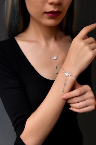 Papatya Silver 925 Ayar Gümüş Rodyum Kaplama Zincir Sallantılı Taşlı Sedef Manolya Çiçeği Kolye ve Bileklik Set