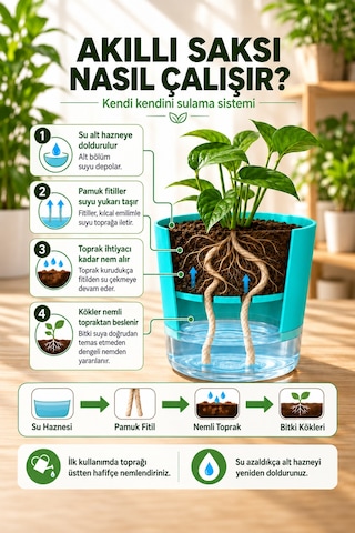 Akıllı Saksı Kendinden Sulamalı Fitilli Modern Dekoratif Saksı 2 Litre 08147596