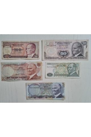 5 Adet Eski Dönem Yerli Banknot Para. 5 10 20 50 Ve 100 Türk Lira