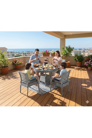 Tuna Modern Gri Rattan 4 Kişilik Yuvarlak Masa Ve Sandalye Takımı Minderli Bahçe Balkon Mobilyası Gri